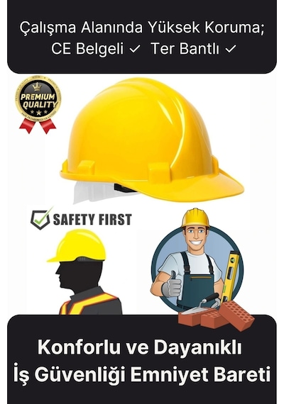 Premium Dayanıklı Konforlu Ce Belgeli Ter Bantlı Şantiye İnşaat İş Güvenliği Sarı Emniyet Bareti