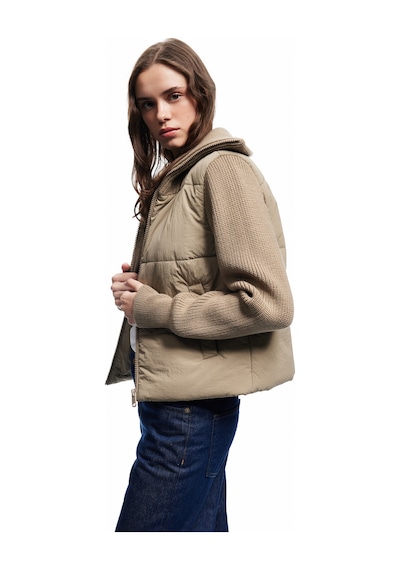 Koton Dik Yaka Uzun Kollu Cepli Fermuarlı Su İtici Anorak Şişme Crop Ceket Vizon 6wak20038ew Vizon
