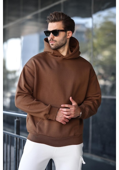 Madmext Kahverengi Kapüşonlu Kanguru Cep Erkek Sweatshirt E7169 Kahverengi