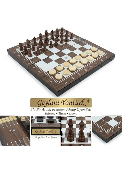 Kişiye Özel İsim Yazılabilir Lüks Ahşap Ceviz Görünümlü 3'ü 1 Arada Satranç Dama Tavla Seti 34 Cm