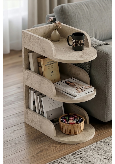 Yan Sehpa Modern 3 Katlı Kitaplıklı Çok Amaçlı Dekoratif Sehpa Minimal Tasarım 6103 Traverten Çok Renkli