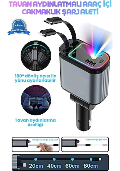 Led Işık Tavan Aydınlatmalı 66w 4 1 Çift Kablolu Hızlı Şarj 3.4a Araç İçi Çakmaklık Şarj Aleti 1 Adet