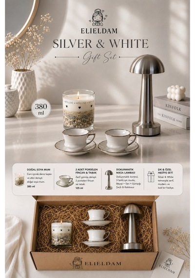 Doğum Günü, Özel Gün, Yeni İş, Yeni Ev Hediyesi Silver Şarjlı Dokunmatik Masa Lambası, Fincan, Soya Wax Mum Hediye Seti Gri
