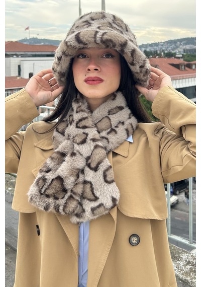 Mollycrush Kadın Leopar Desenli Peluş Şapka Atkı Takım Kışlık Model Bej Leopar