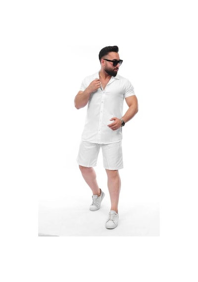Mcz Giyim Keten Beyaz Renk Slim Fit Erkek Şort - Gömlek Alt Üst Takım