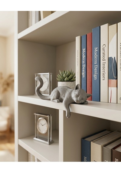 Minimalist Tasarım Uykucu Gri Kedi Biblosu Kitaplık & Masa Kenarı Süsü