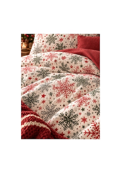 Lastikli Çarşaflı Çift Kişilik Nevresim Takımı Christmas Red Kırmızı Bej Yeşil