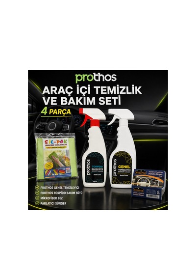 Araç İçi Temizlik Ve Bakım Seti 4 Parça Genel Temizleyici 500 Ml, Torpido Bakım Sütü, Mikrofiber Bez Ve Parlatıcı Sünger
