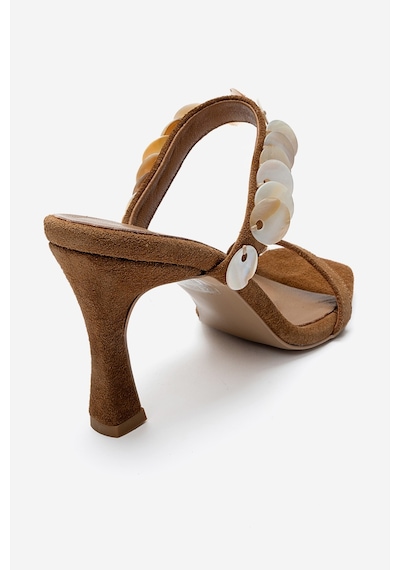 Luvishoes Arund Taba Süet Hakiki Deri Sedef Pul Aksesuarlı Kadın İnce Topuklu Terlik
