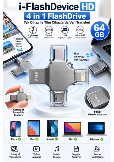 Lb 4 Farklı Bağlantı Noktasıyla Telefon Ve Bilgisayar Arasında Kolay Veri Aktarımı Sağlayan 64gb Flash Bellek