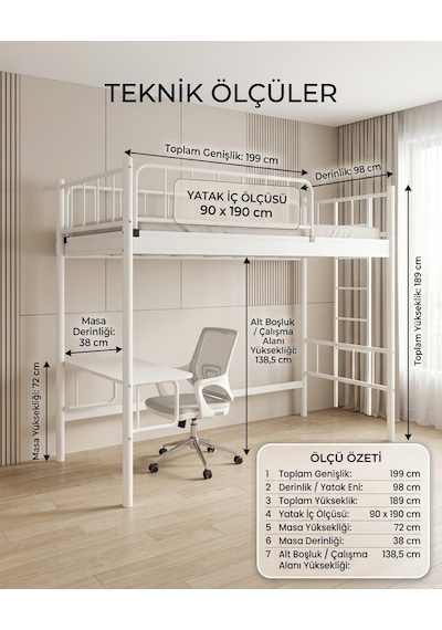 Argimo Prime Genç Çocuk Odası Metal Ranzalı Çalışma Masalı Karyola 90 x 200 CM