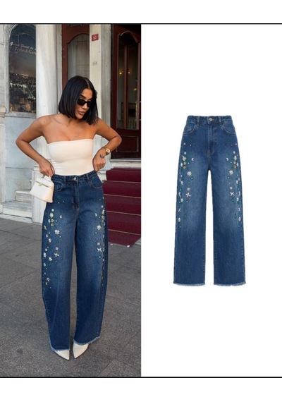 Genel Taş Detaylı Bol Paça Jeans Koyu Lacivert
