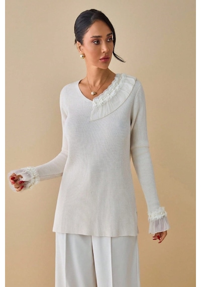 Onno Style Women Triko Omuz Kol Dantelli Selanik Kazak Krem