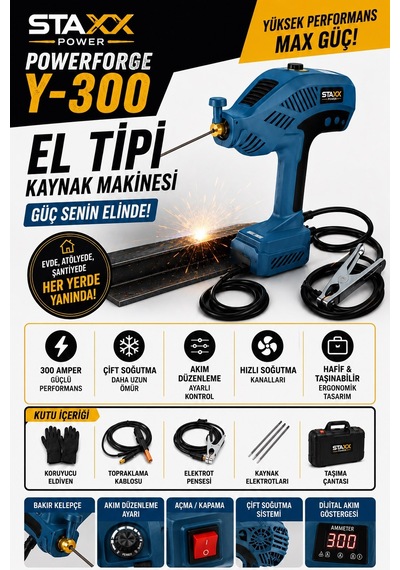 Staxx Stel300 El Tipi Kaynak Makinesi 300a Çift Soğutma Dijital Akım Ayarlı Taşınabilir Kaynak Seti