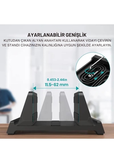 Coofbe 3 Bölmeli Metal Genişlik Ayarlamalı Masaüstü Dikey Apple Uyumlu MacBook Laptop Notebook Standı Telefon Tablet Standı Siyah