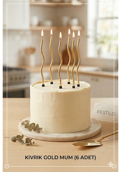 6 Lı Kıvrımlı Mum Gold Pasta Süsü Spiral Mum Pasta Mumları 16 Cm