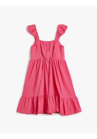 Koton Keten Elbise Askılı Fırfırlı Pencere Detaylı Kare Yaka Pembe 4skg80205aw Gül