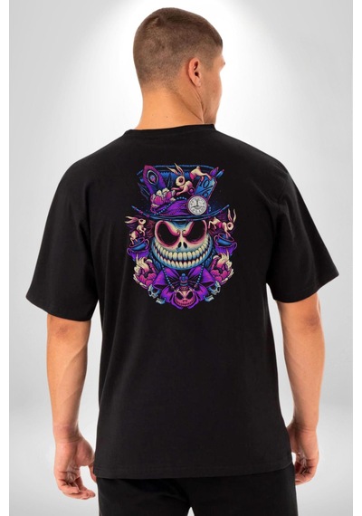 The Mad Skeleton Karakter Pamuklu Unisex Oversize Sırt Dijital Baskılı Siyah T-shirt Siyah