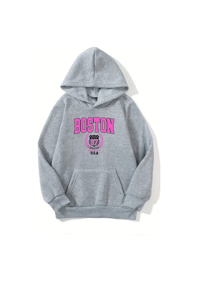 Unisex Gri Kapüşonlu Sweatshirt Boston Usa Baskılı, Şardonlu Kalın Kumaş Gri