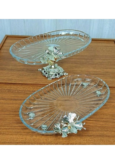 Elta Collection 2 Li Paşabahçe Kristal Metal Ayaklı Gümüş Oval Düz Pasta Sunumluk Kurabiyelik Gümüş Oval Düz