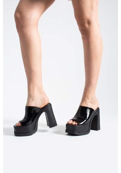 Dabab Shoes Monelıa Kadın Siyah Rugan 13 Cm Platform Topuklu Önü Açık Kalın Topuklu Terlik Sandalet