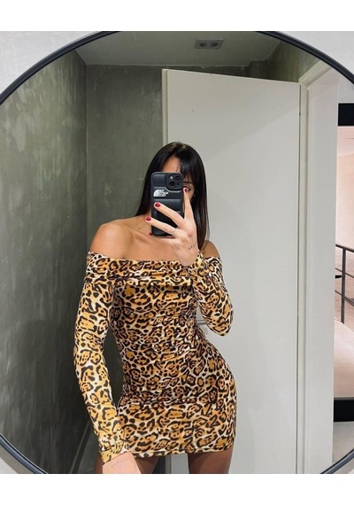 Nnstartshopping Kadın Madonna Mendil Yaka Leopar Desen Mini Elbise Leopar