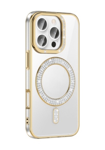 Lexroo İphone 16 Pro Pırlanta Taş Tasarımlı Mag Safe Şarj Özellikli Karetta Silikon Kılıf - Gold