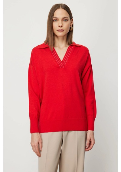 On Fashion Kadın Yakası Zincirli Polo Yaka Kırmızı Kazak 66336 Kırmızı