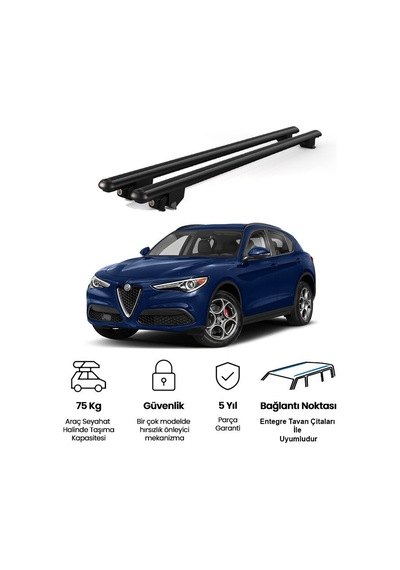Kanca Alfa Romeo Stelvio 2017 Ve Sonrası Uyumlu Siyah Kilitli Ara Atkı 120cm Port Bagaj Tavan Barı