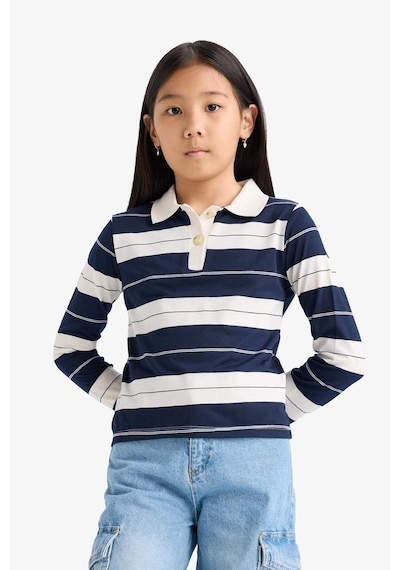 Defacto Kız Çocuk Fitted Polo Yaka Çizgili Uzun Kollu Tişört F2253a825aunv42 Lacivert