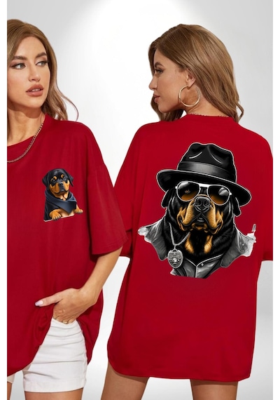 Mafya Rottweiler Kırmızı Oversize Unisex Ön Ve Sırt Baskılı Tişört Kırmızı