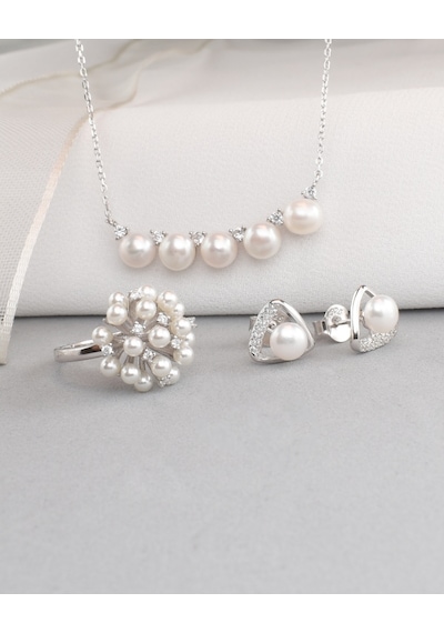 Brezza Lusso Jewelry Special Luxury Pearl Kadın Gümüş Kolye Küpe Yüzük İnci Set