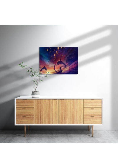 Cakasepetim Yunuslar Ve Fantastik Sandalda Romantik Çift Ahşap Mdf Tablo
