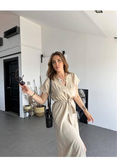 Pasaklı Giyim Kadın Yeni Sezon Taş Bej Keten Kemerli Uzun Kısa Kollu Yazlık Rahat Kesim Bol Elbise 700-3221418