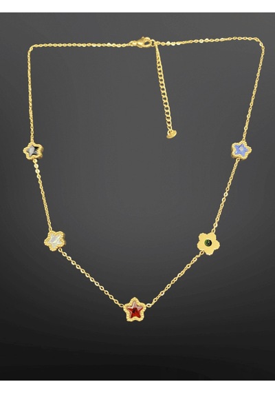 Renkli Yıldız Ve Çiçek Figürlü Gold Renk 316l Çelik Kadın Kolye Minimal Ve Eğlenceli Tasarım Takı Gold