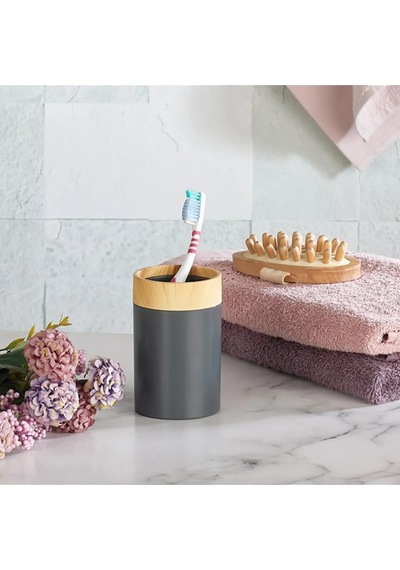 Bersachef Limpia Bambu Desenli 5'li Banyo Seti Çöp Kovası Sıvı Sabunluk Diş Fırçalık Kutusu Banyo Seti Gri