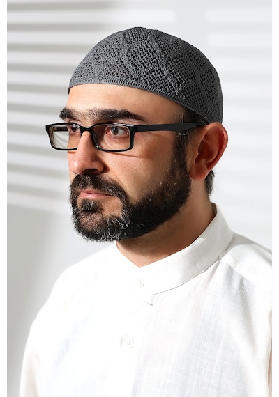 Makine Örgüsü Dantel Detaylı Namaz Takkesi Füme Füme