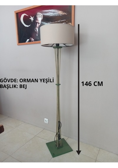 Ahşap Ayaklı Lambader-köşe Lambası- Orman Yeşili- Bej