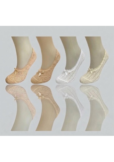 Heren Socks Heren 4'lü Dantelli Kadın Babet Çorap , Fiyonklu , Fileli ASORTİ