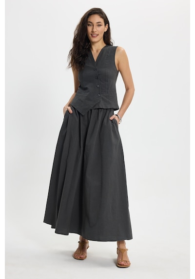 Tudors Kadın Slim Fit Dar Kesim %100 Pamuk V Yaka Çift Cepli Antrasit Etek Yelek Takım-50458