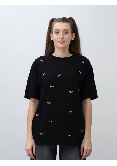 Zekids Kız Çocuk Fiyonk Nakışlı Oversize Tshirt-15536 Siyah Beyaz