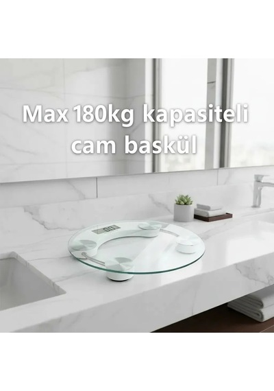 Ers Yuvarlak Şeffaf Dijital Cam Baskül Tartı 180 Kg Taşıma Kapasitesi, Hassas Ölçüm, Şık Tasarım Terazi