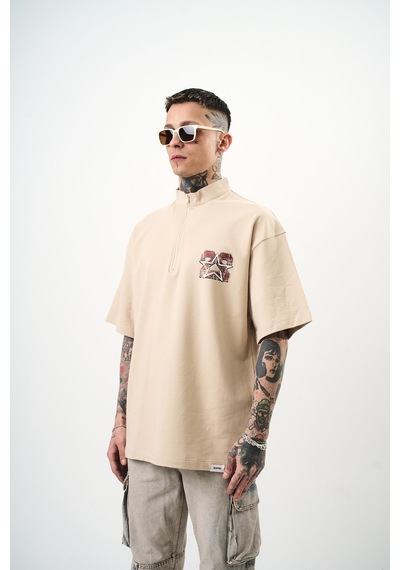 Respire Erkek 22 Baskılı Yarım Fermuarlı Oversize T-shirt Bej