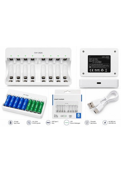 8 Yuvalı Aa/aaa Ni-mh Pil Şarj Cihazı Usb Type-c
