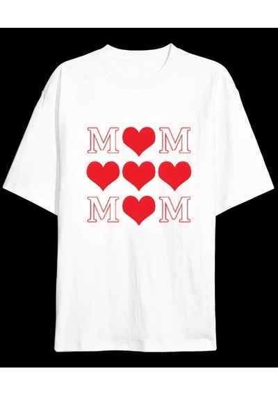 Efnaz Style Anneler Günü Hediye Mom Kalp Baskılı Oversize Bisiklet Yaka T-shirt - Beyaz