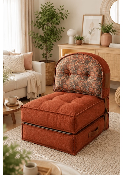Reyo Pufymax Comfy Plus Oval Bohem Tekli Koltuk Yatak Olabilen Katlanır Berjer & Modüler Yer Yatağı 75x75x 90 Cm Kiremit Desenli