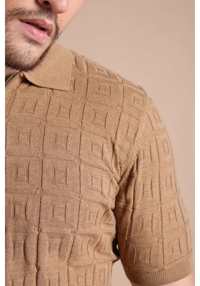 Ferraro Camel Polo Yaka Fermuarlı Erkek Pamuk Triko T-Shirt-Kahverengi (490417687) Kahverengi