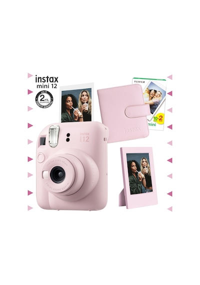 Fujifilm Instax Mini 12 Fotoğraf Makinesi + 20'li Film + Çerçeve + Kare Albüm Seti Pembe