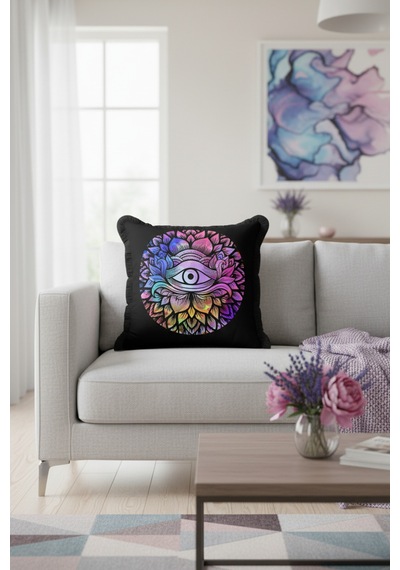 Spiritüel Lotus Motifli Saçaklı Yastık Kılıfı - Mistik Bohem Çok Renkli Püsküllü Kırlent Kılıfı Çok Renkli