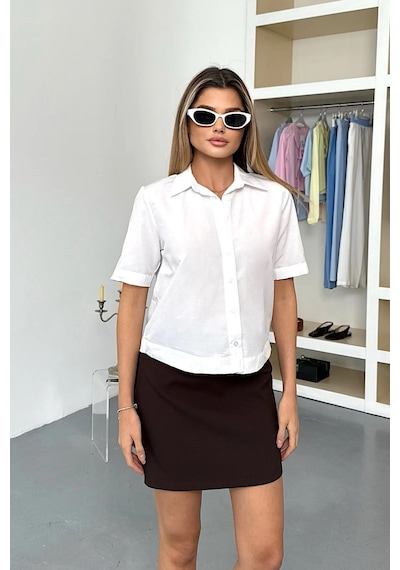 Jee Lee Kadın Kısa Kollu Pamuklu Basic Gömlek Beyaz - 26y 2127 Beyaz